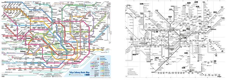 Mappe di metropolitane: a) Tokyo b) Londra, versione accessibile