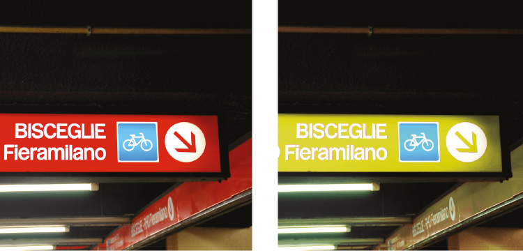 Segnaletica della linea 1 di Milano: a) visione normale b) deuteranopia